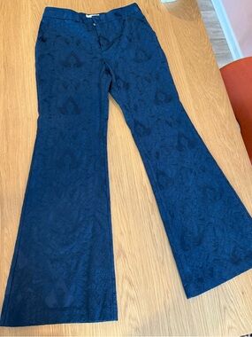 Anthropologie Navy Blue Floral-Textured Flare Pants